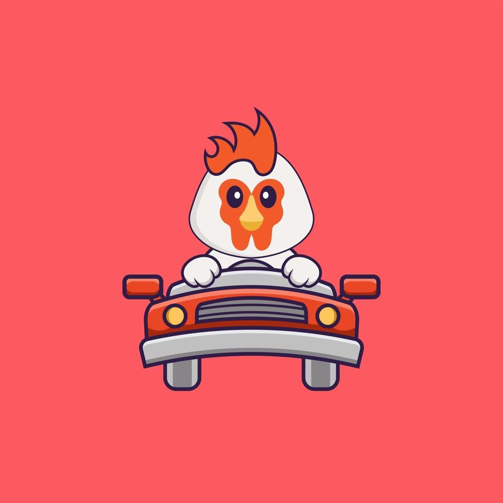 il pollo carino sta guidando. concetto animale del fumetto isolato. può essere utilizzato per t-shirt, biglietti di auguri, biglietti d'invito o mascotte. stile cartone animato piatto vettore