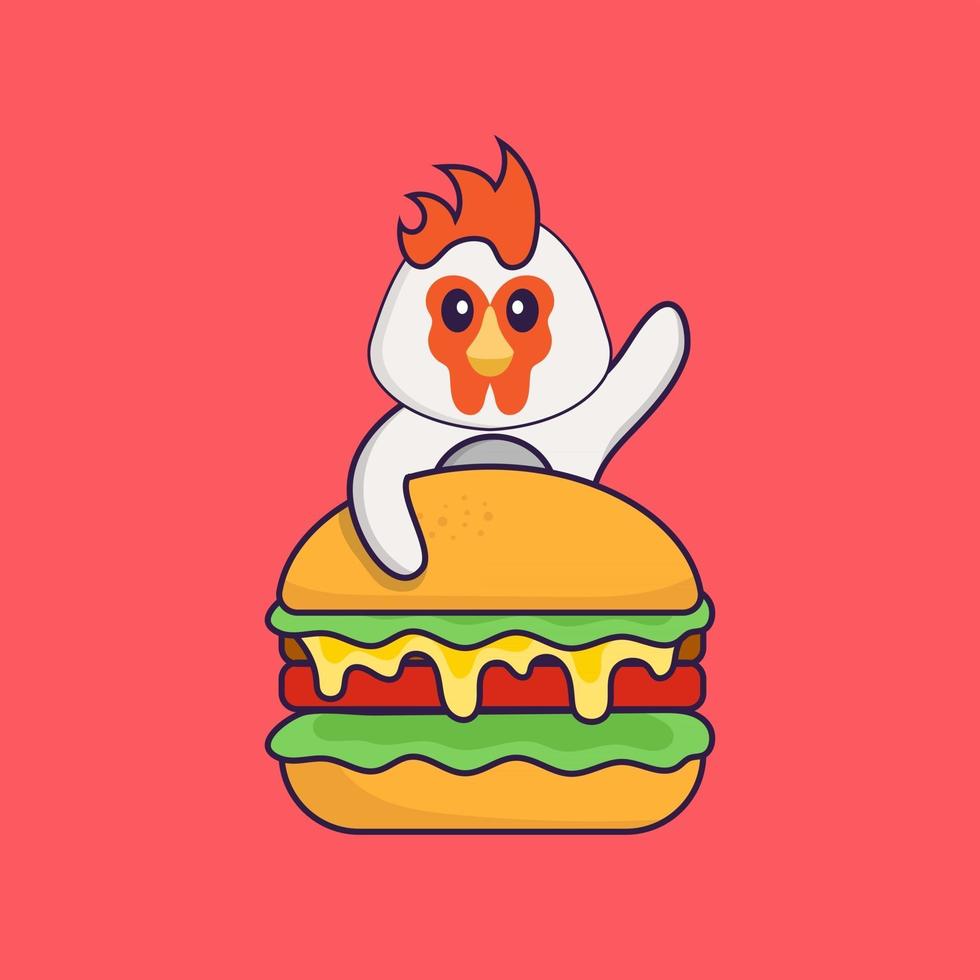 simpatico pollo che mangia hamburger. concetto animale del fumetto isolato. può essere utilizzato per t-shirt, biglietti di auguri, biglietti d'invito o mascotte. stile cartone animato piatto vettore
