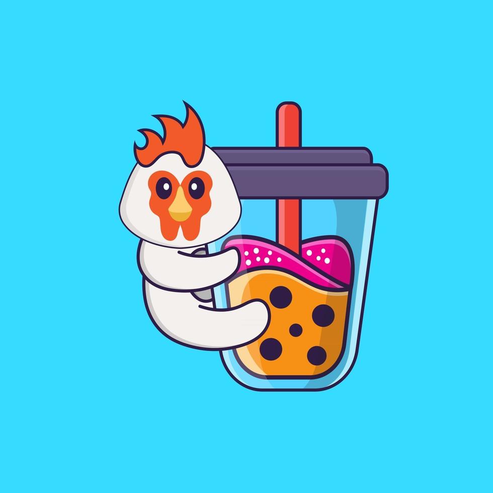 pollo carino che beve tè al latte boba. concetto animale del fumetto isolato. può essere utilizzato per t-shirt, biglietti di auguri, biglietti d'invito o mascotte. stile cartone animato piatto vettore