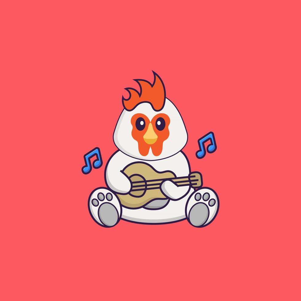 simpatico pollo che suona la chitarra. concetto animale del fumetto isolato. può essere utilizzato per t-shirt, biglietti di auguri, biglietti d'invito o mascotte. stile cartone animato piatto vettore