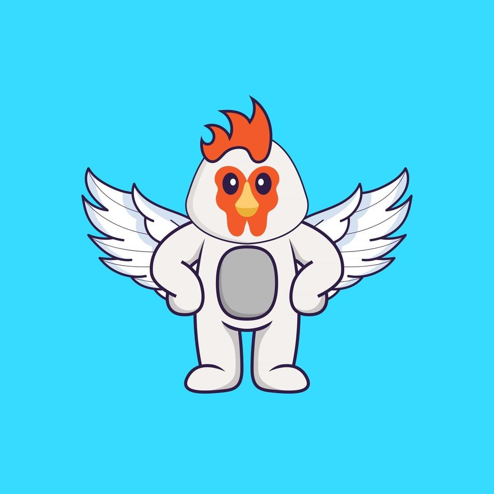 pollo carino usando le ali. concetto animale del fumetto isolato. può essere utilizzato per t-shirt, biglietti di auguri, biglietti d'invito o mascotte. stile cartone animato piatto vettore