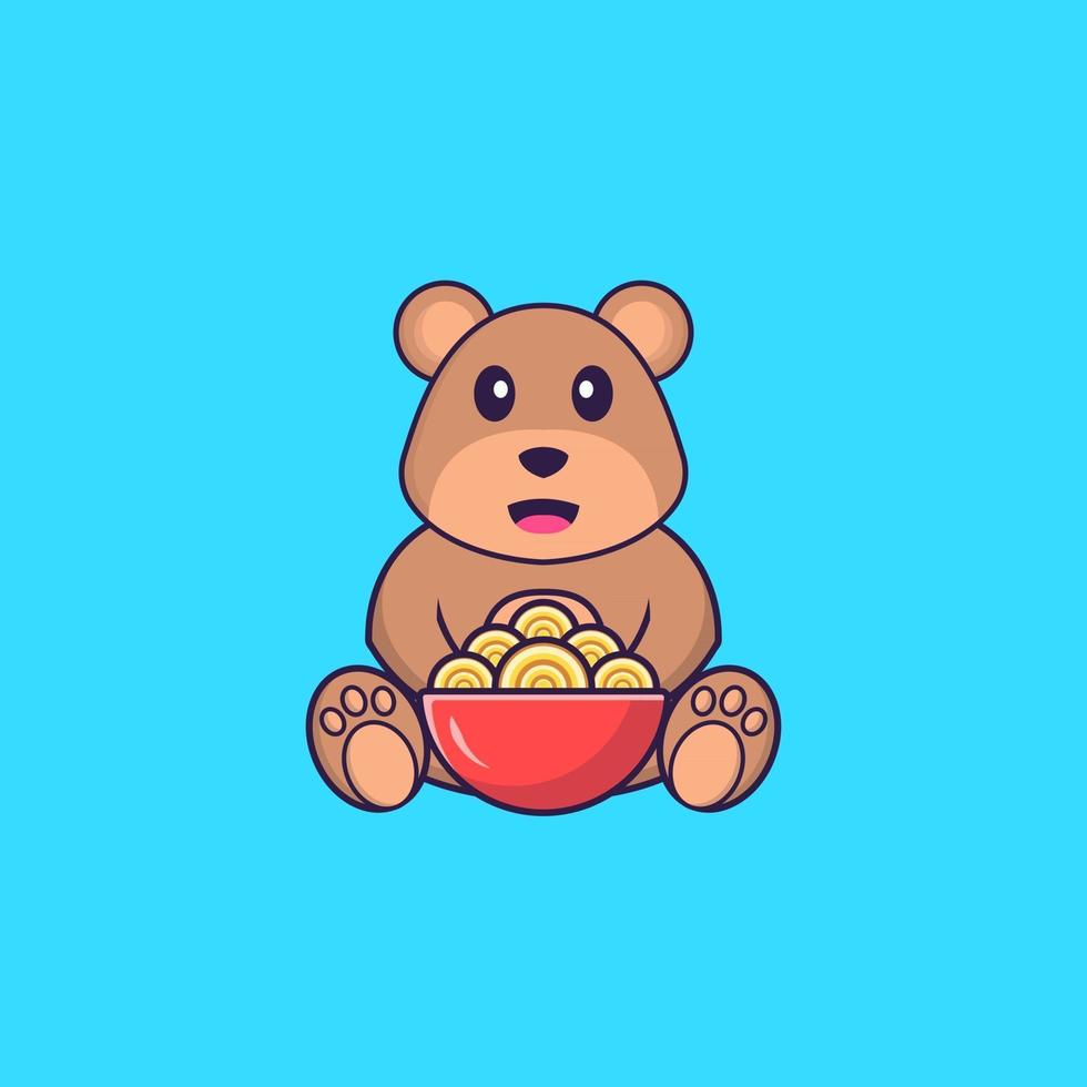 simpatico orso che mangia spaghetti ramen. concetto animale del fumetto isolato. può essere utilizzato per t-shirt, biglietti di auguri, biglietti d'invito o mascotte. stile cartone animato piatto vettore