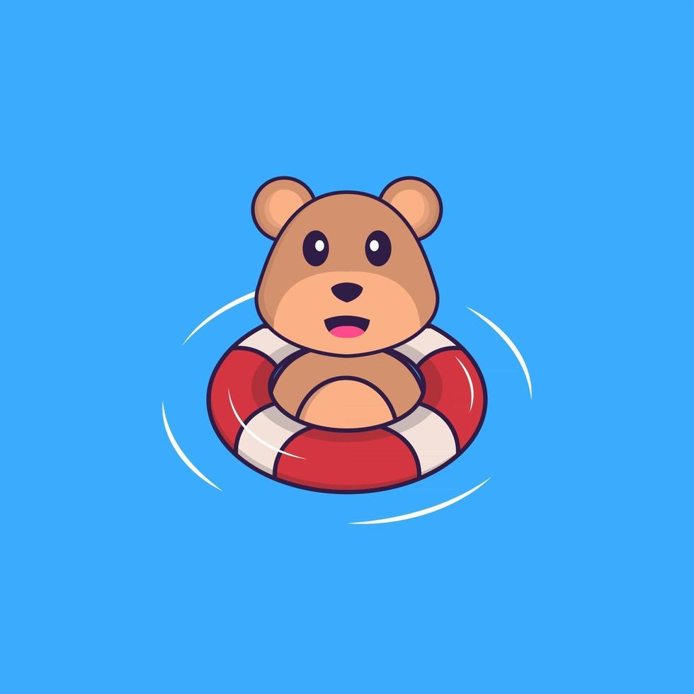 simpatico orso sta nuotando con una boa. concetto animale del fumetto isolato. può essere utilizzato per t-shirt, biglietti di auguri, biglietti d'invito o mascotte. stile cartone animato piatto vettore