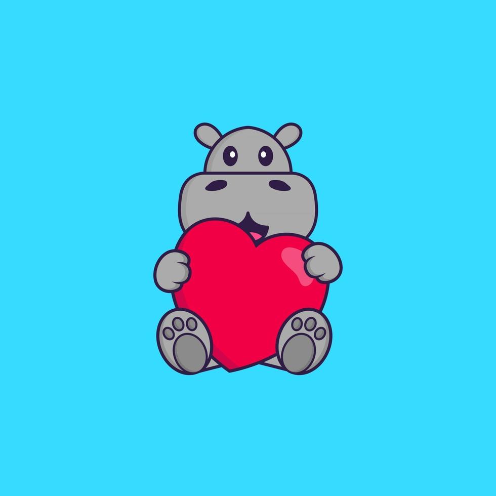 simpatico ippopotamo che tiene un grande cuore rosso. concetto animale del fumetto isolato. può essere utilizzato per t-shirt, biglietti di auguri, biglietti d'invito o mascotte. stile cartone animato piatto vettore