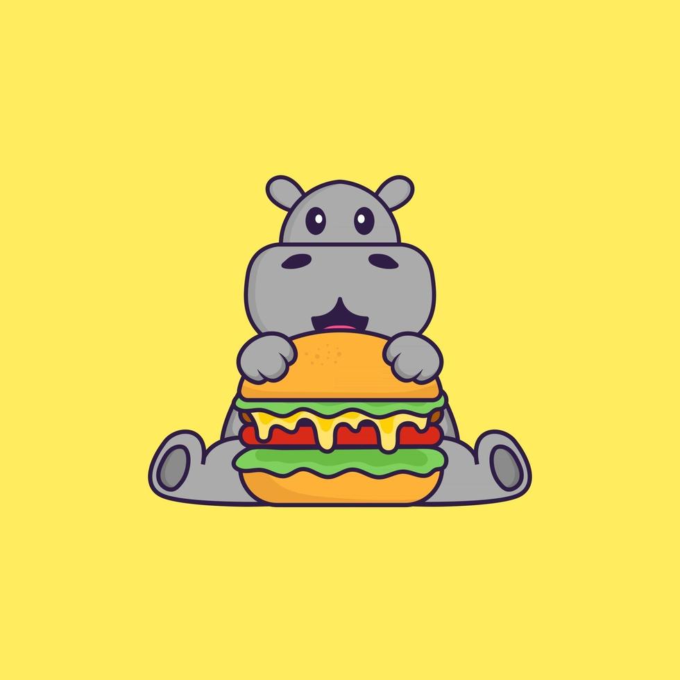 simpatico ippopotamo che mangia hamburger. concetto animale del fumetto isolato. può essere utilizzato per t-shirt, biglietti di auguri, biglietti d'invito o mascotte. stile cartone animato piatto vettore