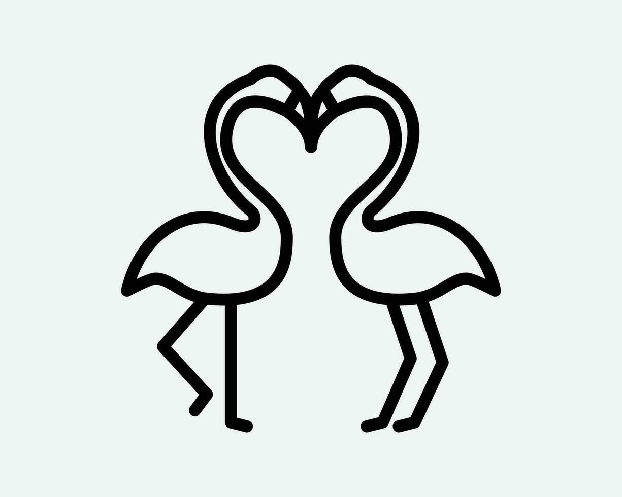 fenicottero linea icona Due uccello amore amante paio romanza romantico natura animale zoo natura insieme cartone animato nero bianca schema forma cartello simbolo vettore