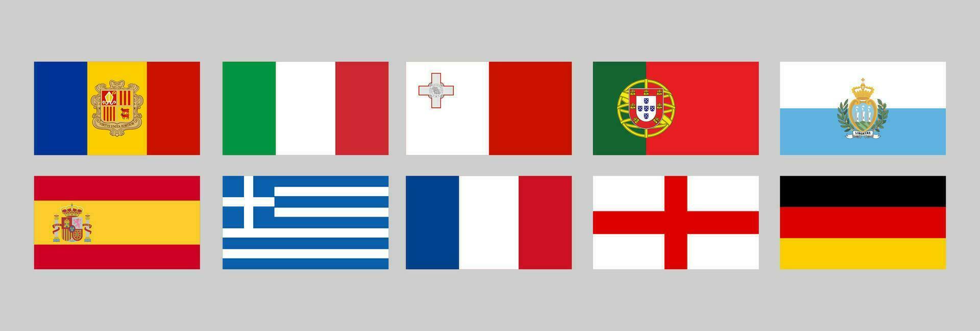 europeo nazione bandiere, andorra, Italia, Malta, Portogallo, san marino, Spagna, Grecia, Francia, Inghilterra, Germania vettore
