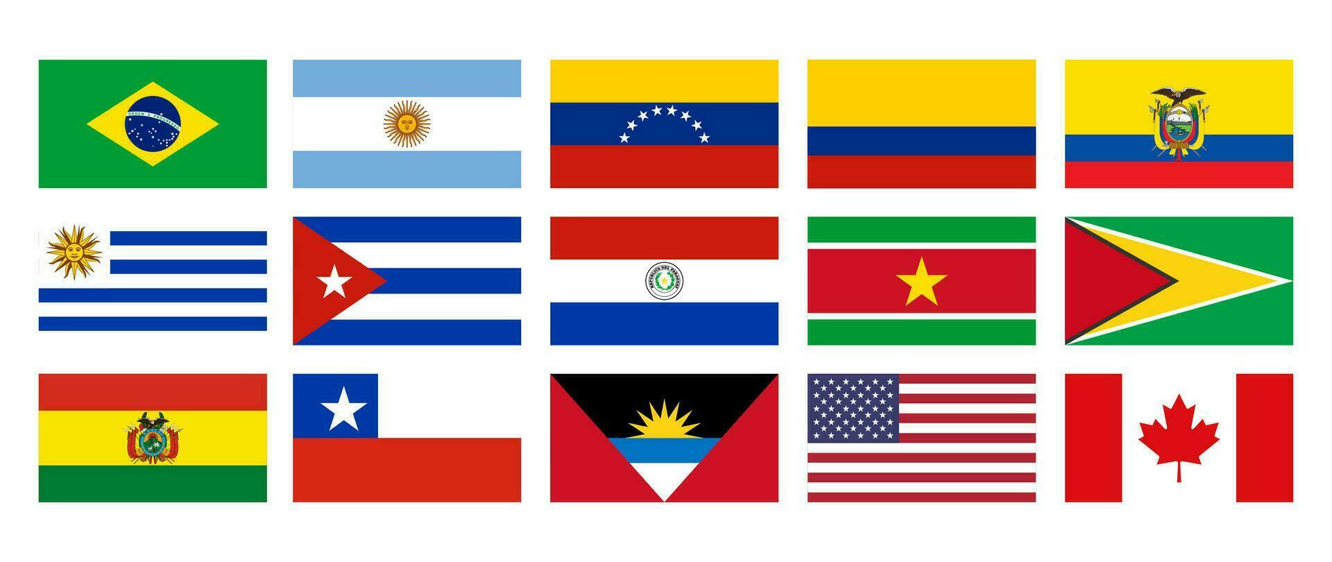 nazionale bandiere di il americhe, brasile, argentina, Colombia, Ecuador, Venezuela, Uruguay, Cuba, paraguay, Suriname, Guyana, Bolivia, chile, antigua e barbada, unito stati, Canada vettore