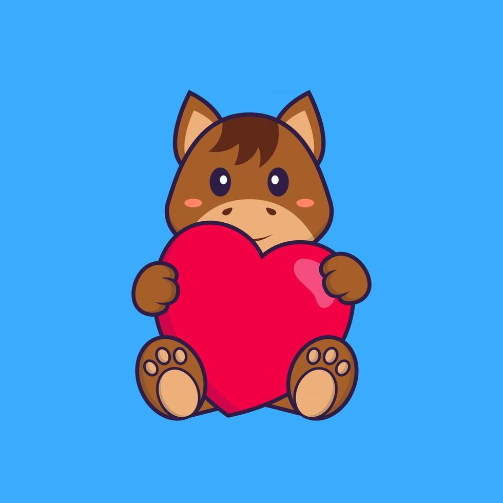 simpatico cavallo che tiene un grande cuore rosso. concetto animale del fumetto isolato. può essere utilizzato per t-shirt, biglietti di auguri, biglietti d'invito o mascotte. stile cartone animato piatto vettore