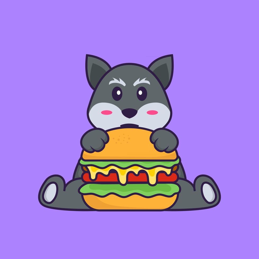 simpatica volpe che mangia hamburger. concetto animale del fumetto isolato. può essere utilizzato per t-shirt, biglietti di auguri, biglietti d'invito o mascotte. stile cartone animato piatto vettore