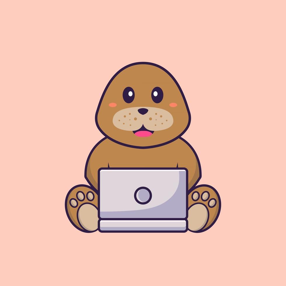 simpatico cane che usa il laptop. concetto animale del fumetto isolato. può essere utilizzato per t-shirt, biglietti di auguri, biglietti d'invito o mascotte. stile cartone animato piatto vettore