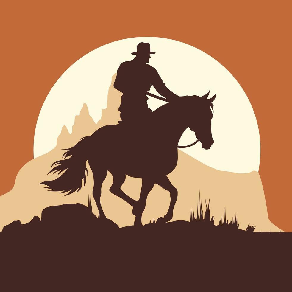 cowboy equitazione un' cavallo in tramonto, sagoma visibile contro arancia cielo vettore illustrazione