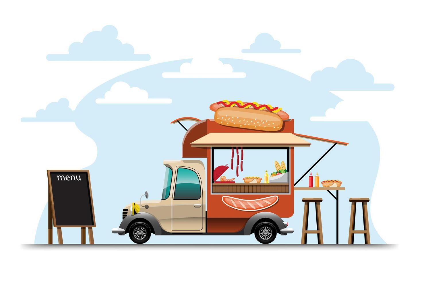 camion di cibo con vettore di disegno del negozio di hotdog