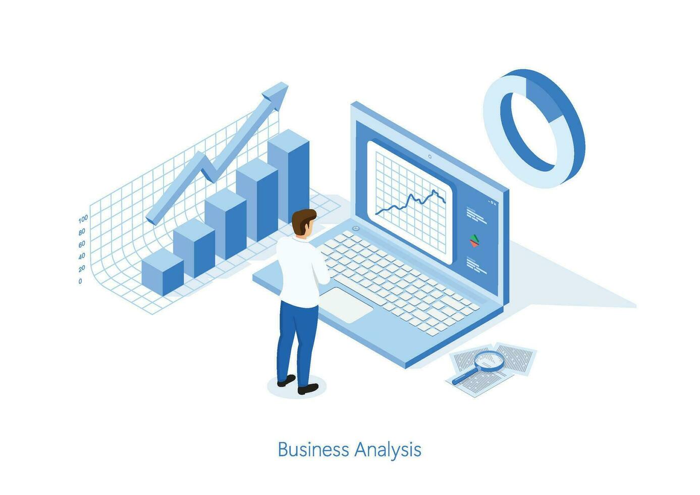 isometrico attività commerciale uomo Lavorando per dati analitica e monitoraggio su ragnatela rapporto pannello di controllo tenere sotto controllo e attività commerciale finanza. illustratore vettore