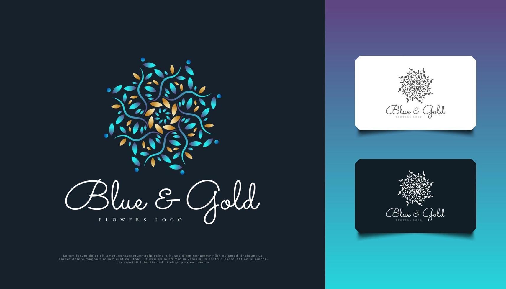 design del logo con ornamento floreale blu e oro, adatto per spa, bellezza, fioristi, resort o identità di prodotti cosmetici. elegante logo mandala vettore