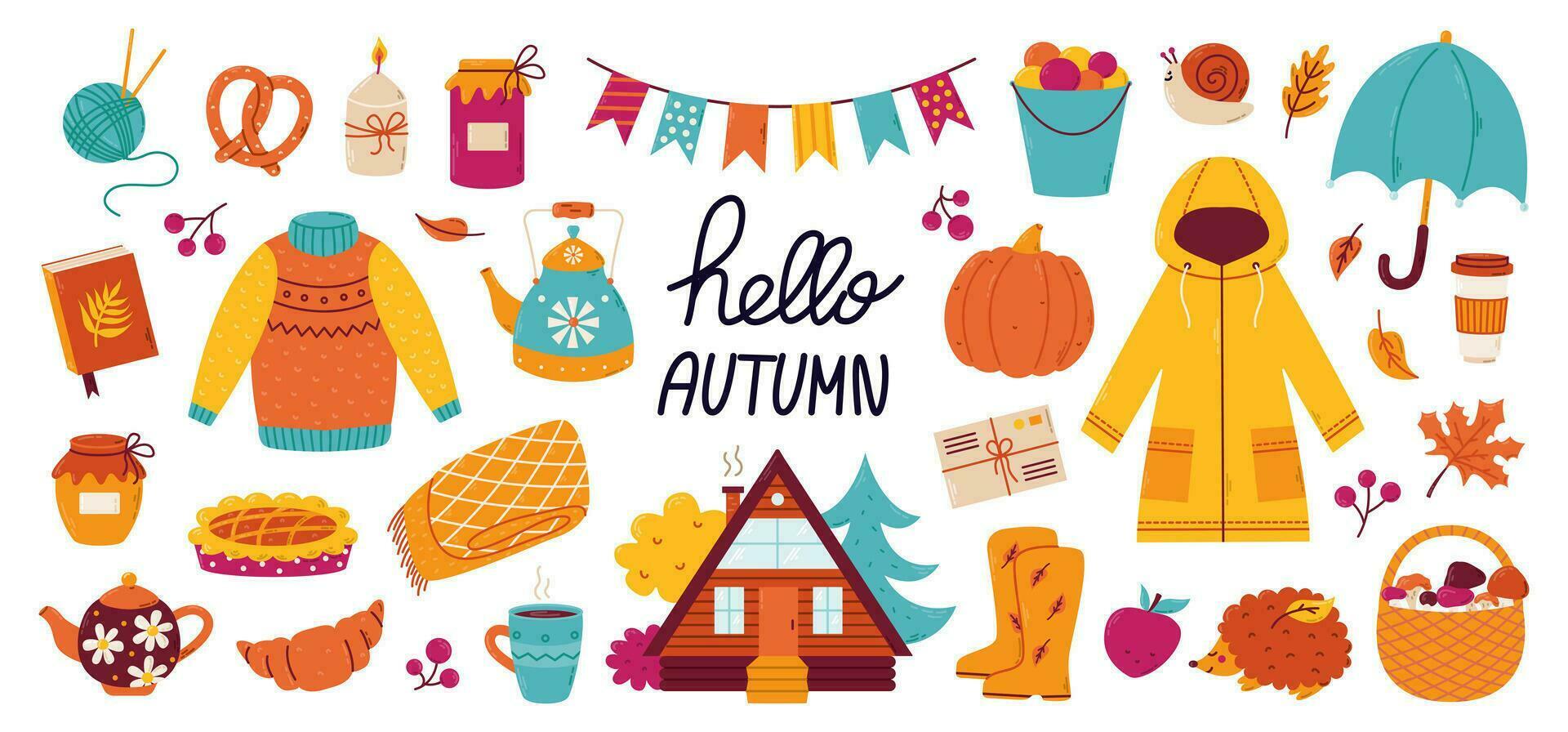 impostato di autunno elementi maglione, foglie, accogliente casa, marmellata, caffè e zucca. vettore illustrazione