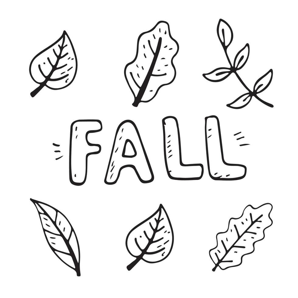 banner di illustrazione piatta vettoriale con iscrizione caduta con foglie d'autunno. gli oggetti doodle sono tagliati