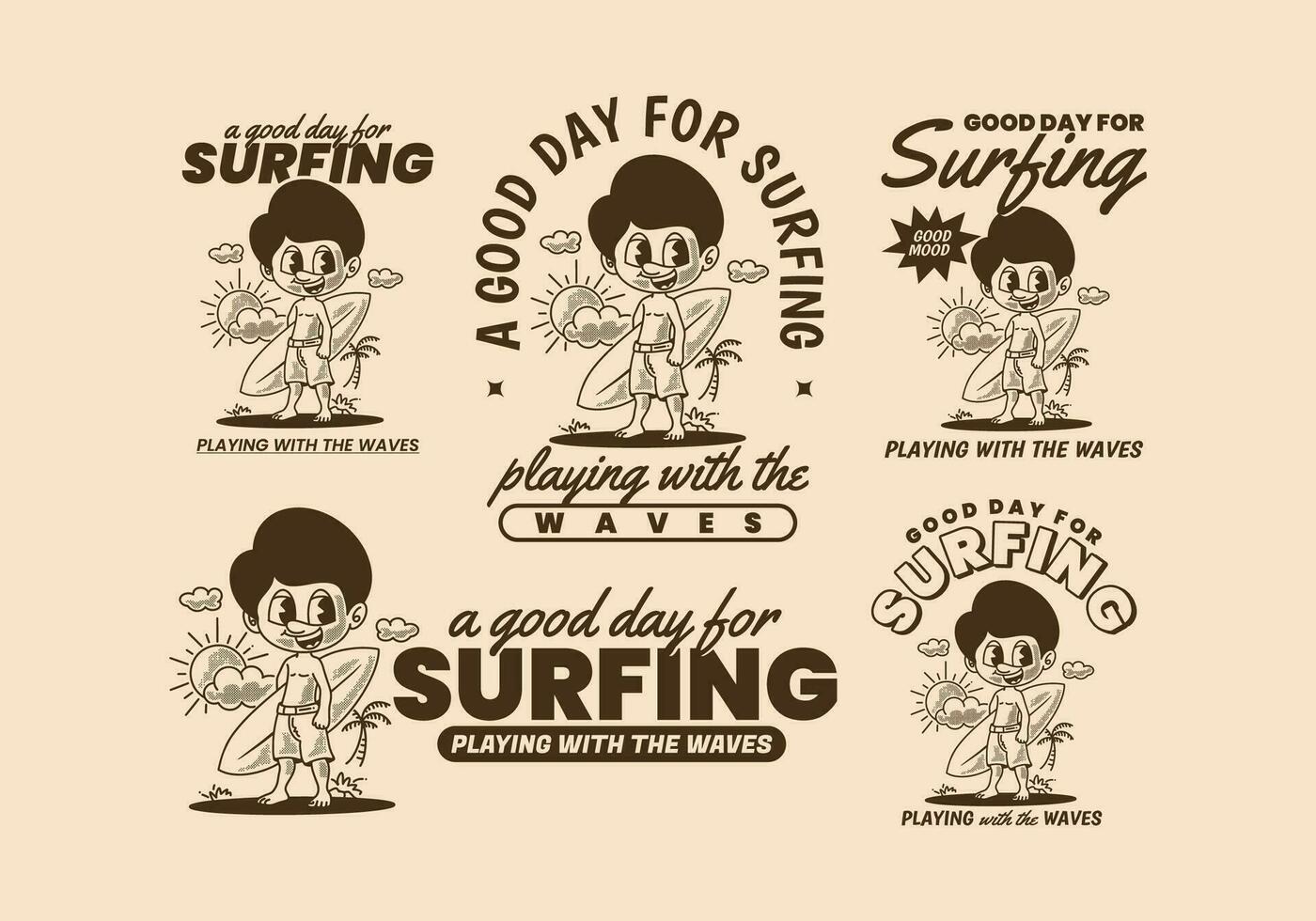 un' bene giorno per fare surf, retrò illustrazione di un' ragazzo in piedi su il spiaggia Tenere un' tavola da surf vettore