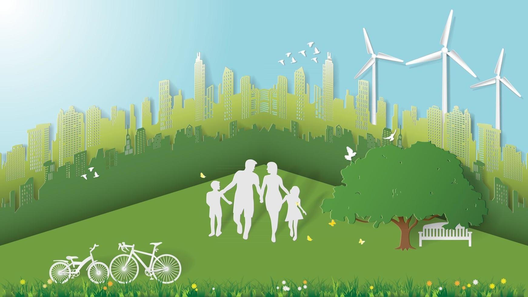 illustrazione vettoriale di carta pieghevole arte stile origami. disegno astratto sviluppo di energia sostenibile verde, concetto rispettoso dell'ambiente, famiglia felice sta camminando in un parco nel mezzo della grande città