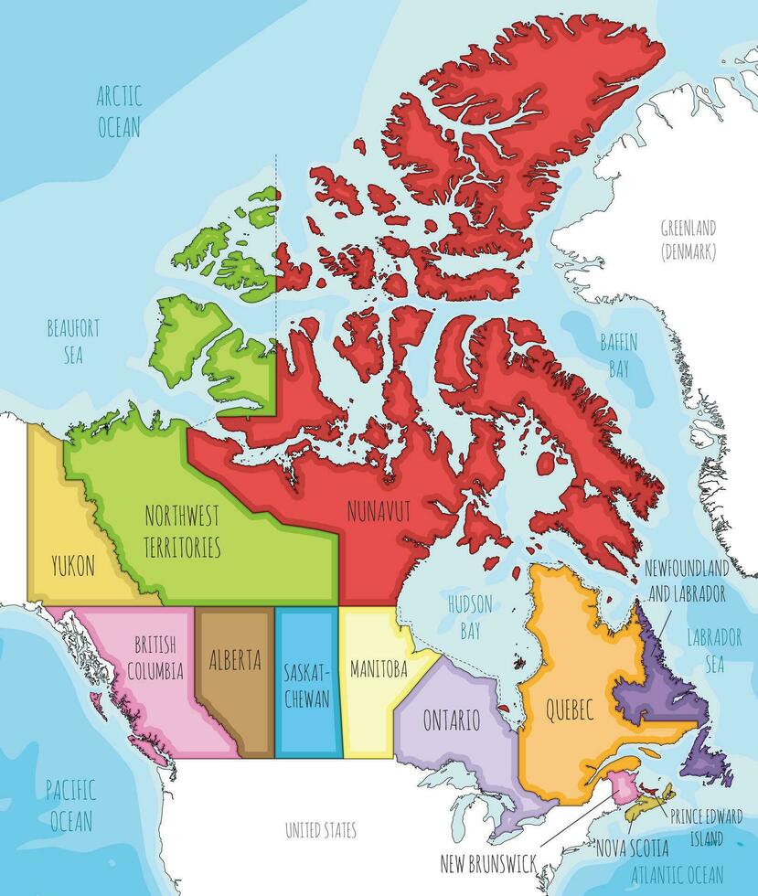 vettore illustrato carta geografica di Canada con province e territori e amministrativo divisioni, e confinante paesi e territori. modificabile e chiaramente etichettato strati.