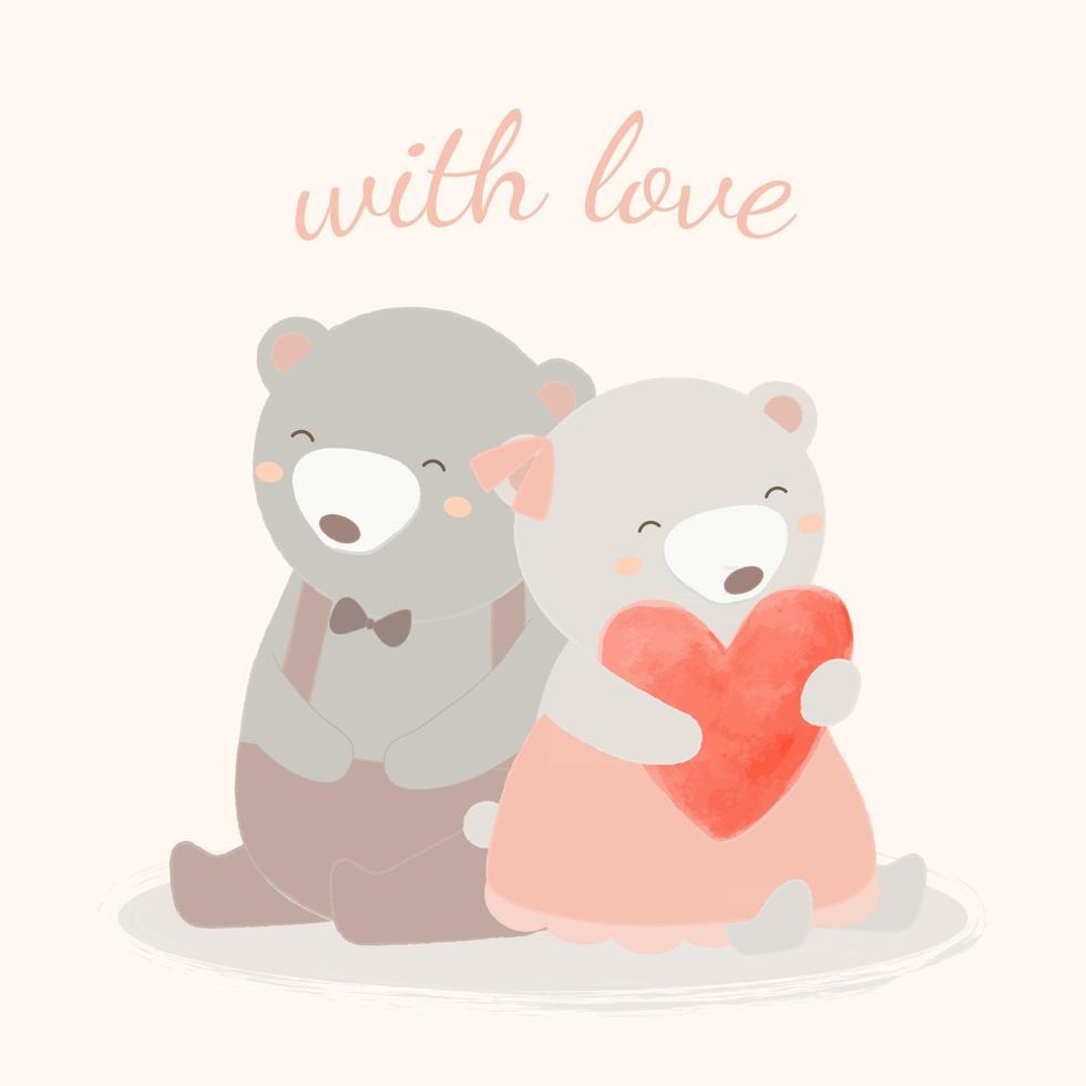 bel cartone animato con l'amante dell'orsacchiotto che tiene il cuore vettore