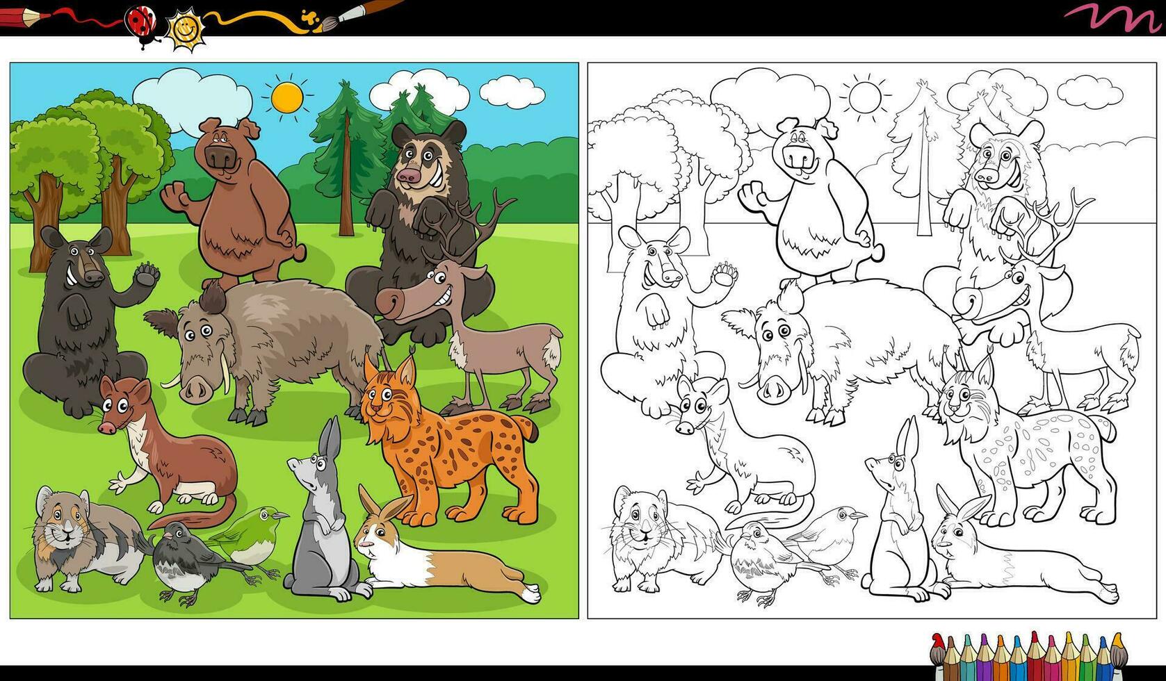 pagina di colorazione del gruppo di personaggi di animali selvatici dei cartoni animati vettore