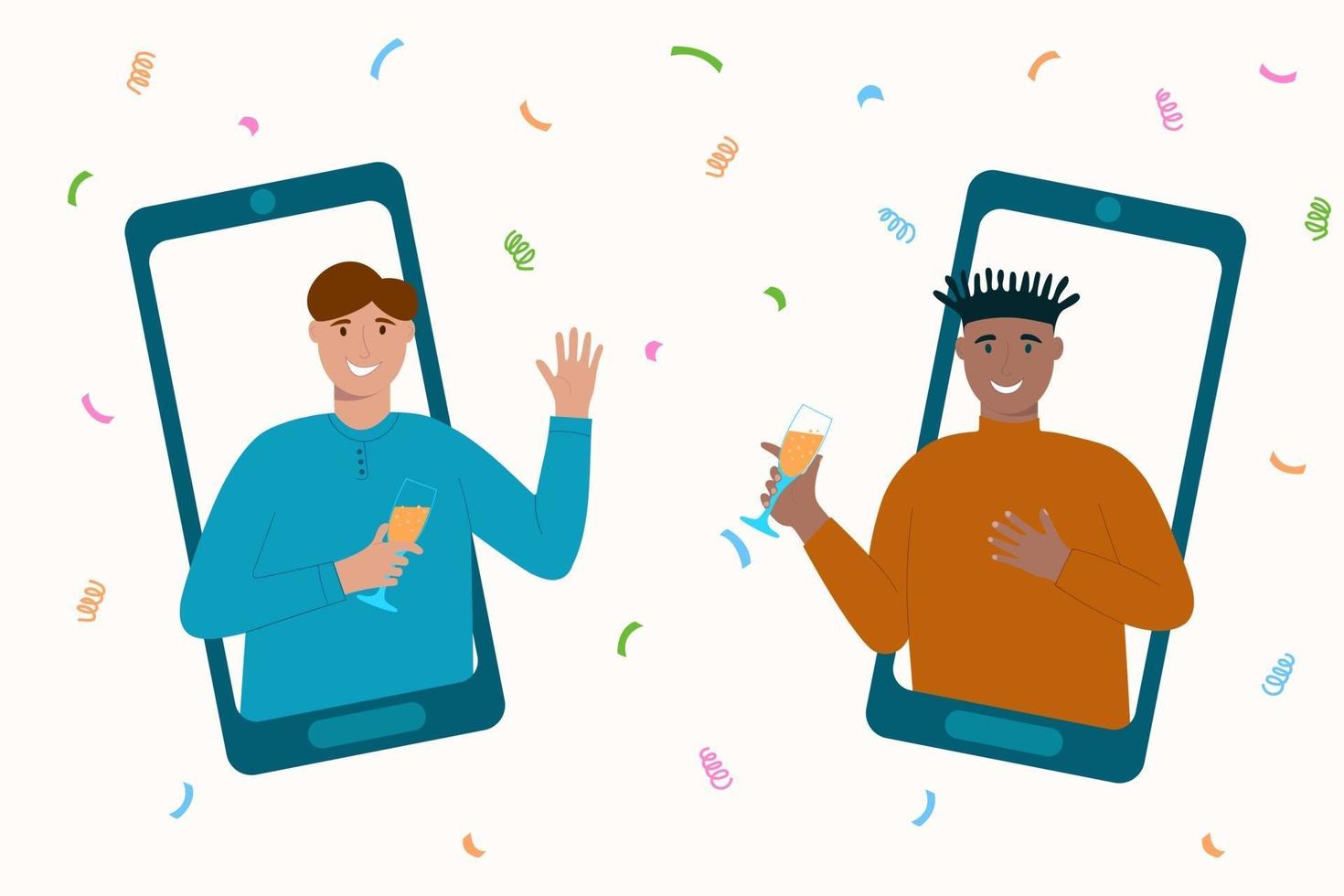 concetto di festa domestica online. due uomini sugli schermi degli smartphone che celebrano, comunicano, bevono. amici che usano l'app video per le riunioni vettore