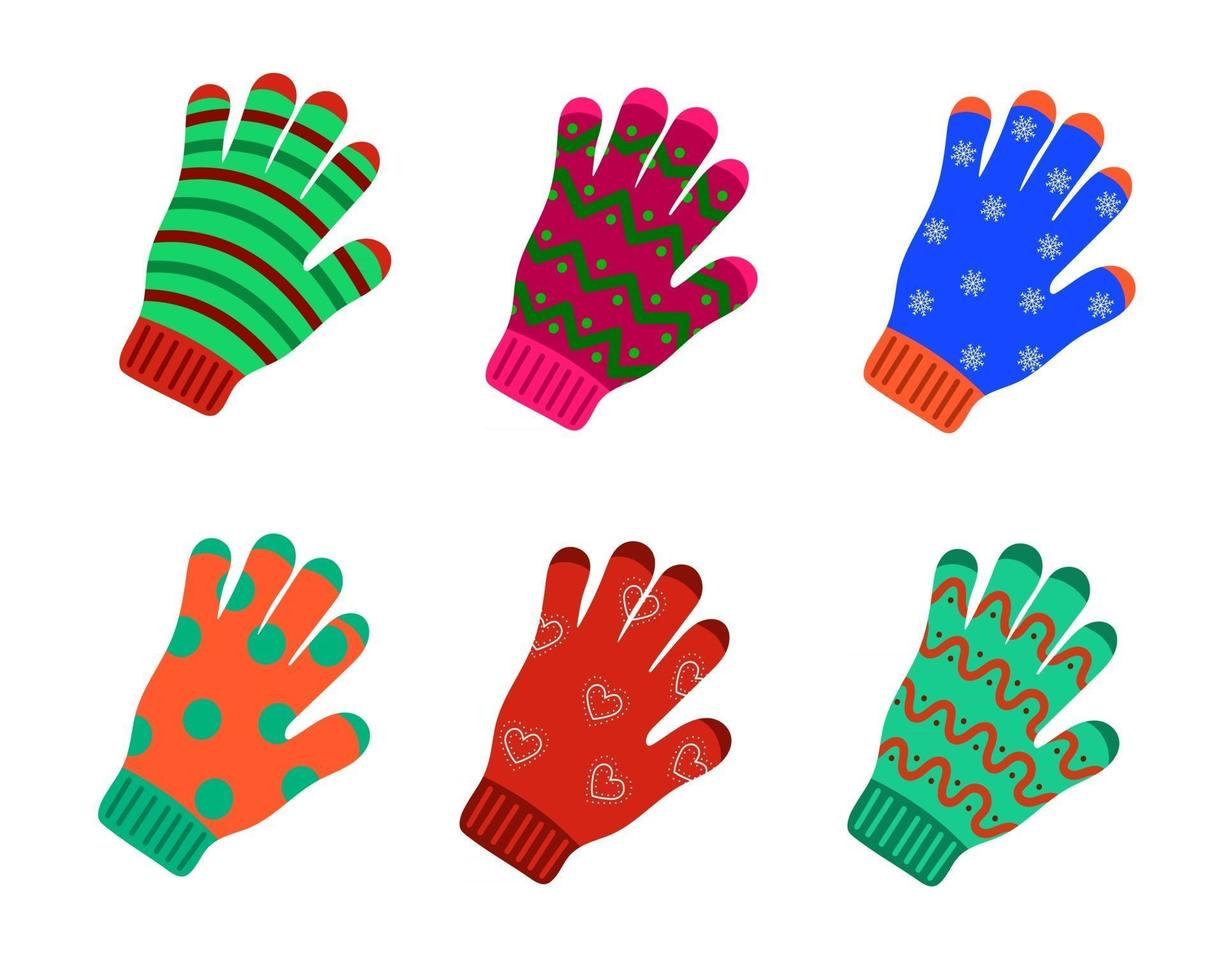 set di guanti invernali lavorati a maglia colorati vettore