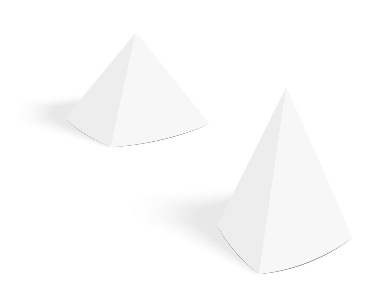 mockup di carte tenda piramide bianca. modello di oratore da tavolo con ombra. espositore a piramide in carta o cartone vettore