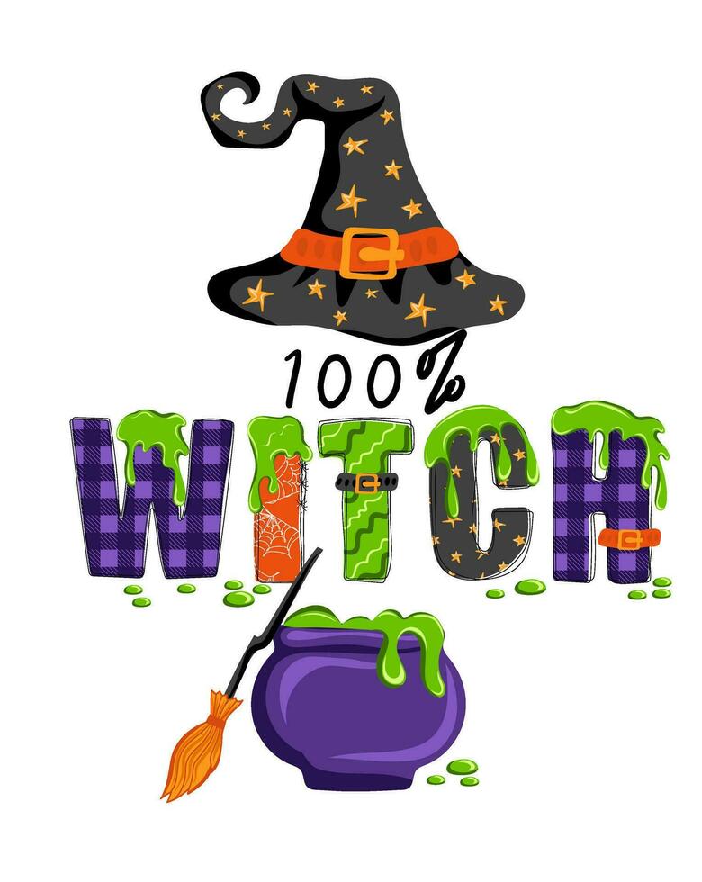 100 per cento strega. mano disegnato scarabocchio testo con strega cappello, verde limo e magico pozione. contento Halloween vettore