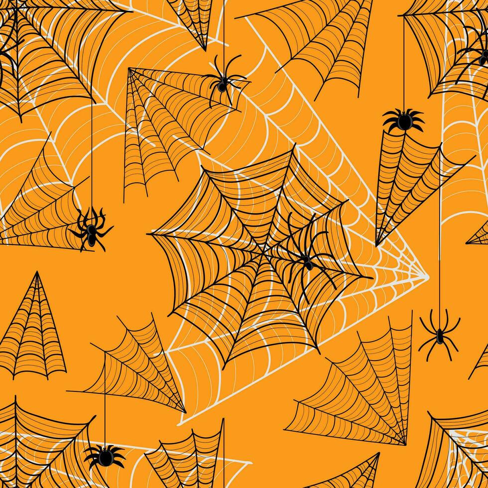 Halloween senza soluzione di continuità modello con ragni e ragnatele. elegante spaventoso vacanza struttura Perfetto per regalo avvolgere, casa arredamento e tessili. vettore