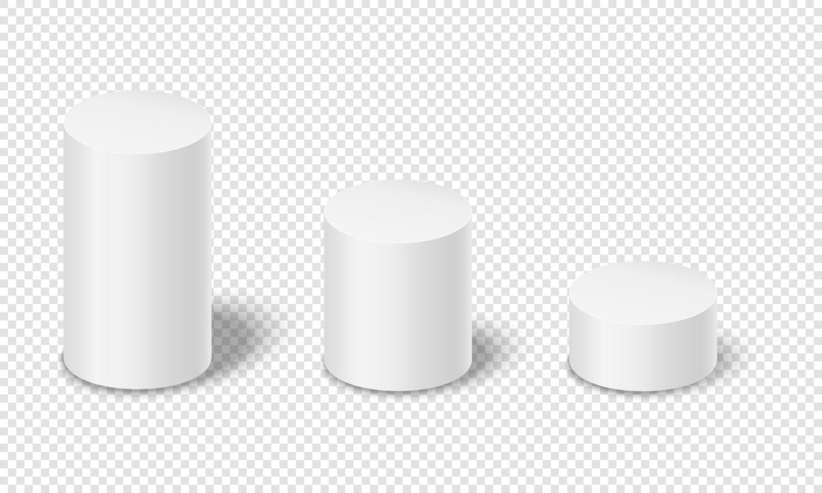 cilindri bianchi con ombre isolate su sfondo trasparente. forme geometriche 3d. podi di prodotti, piattaforme vuote vettore