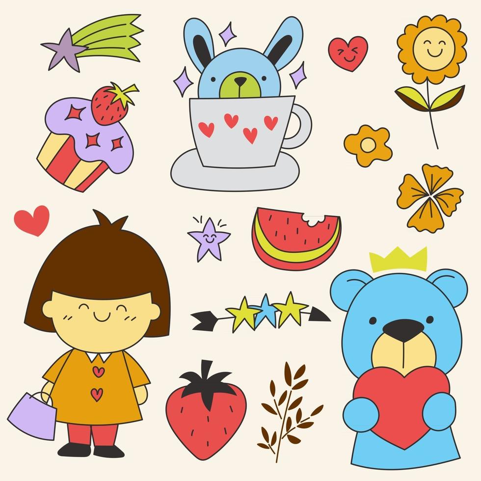 set di grandi scarabocchi disegnati a mano isolati per la decorazione nel concetto di bambino, illustrazione vettoriale piatta colorata colorful