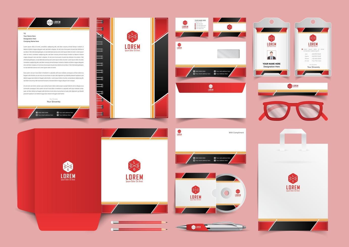 set di identità aziendale rosso e nero. kit di progettazione modello di cancelleria. pacchetto di identità del marchio modificabile del modello di branding vettore