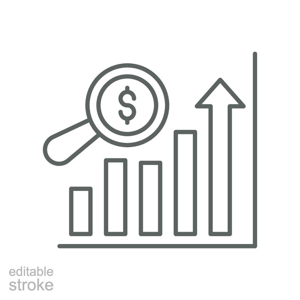 i saldi previsione schema icona. analitica finanziario, attività commerciale analisi. ingrandimento bicchiere, bar grafico osservazione bilancio stima. modificabile ictus vettore illustrazione design su bianca sfondo eps 10