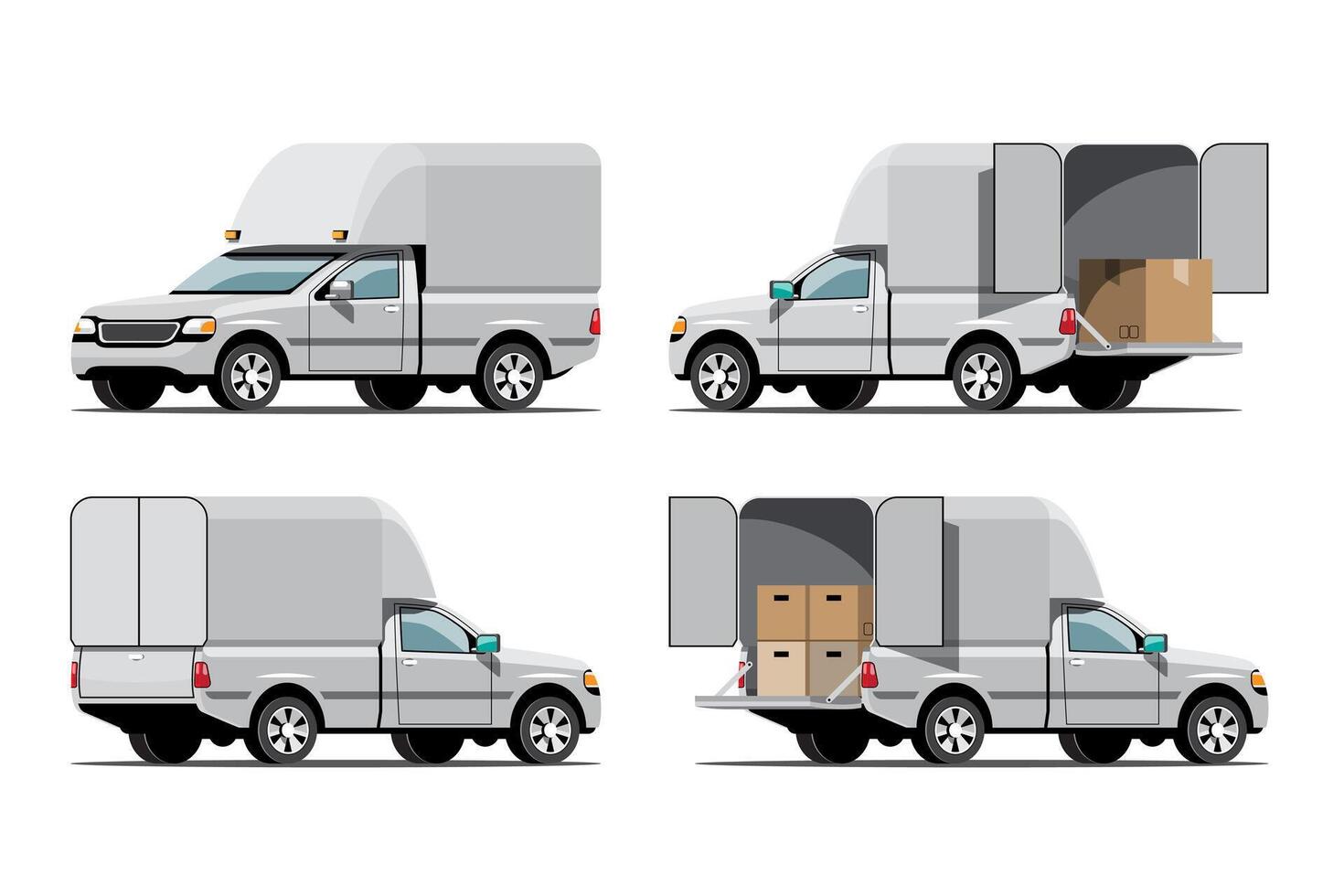 set di icone vettoriali di grandi veicoli isolati, illustrazioni piatte varie viste del furgone, concetto di trasporto commerciale logistico.