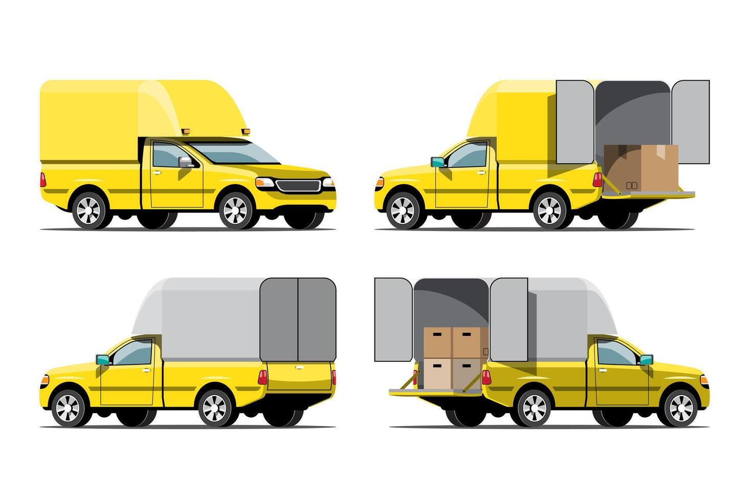 set di icone vettoriali di grandi veicoli isolati, illustrazioni piatte varie viste del furgone, concetto di trasporto commerciale logistico.