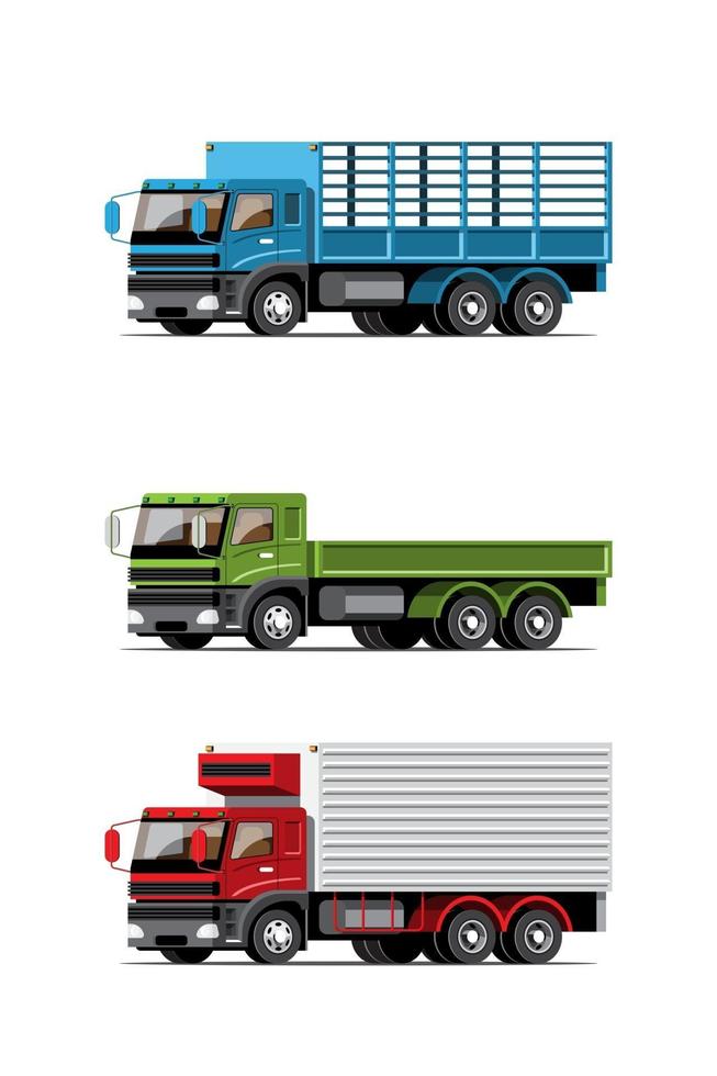 set di icone colorate di grande vettore isolato veicolo, illustrazioni piatte di vario tipo camion, concetto di trasporto commerciale logistico.