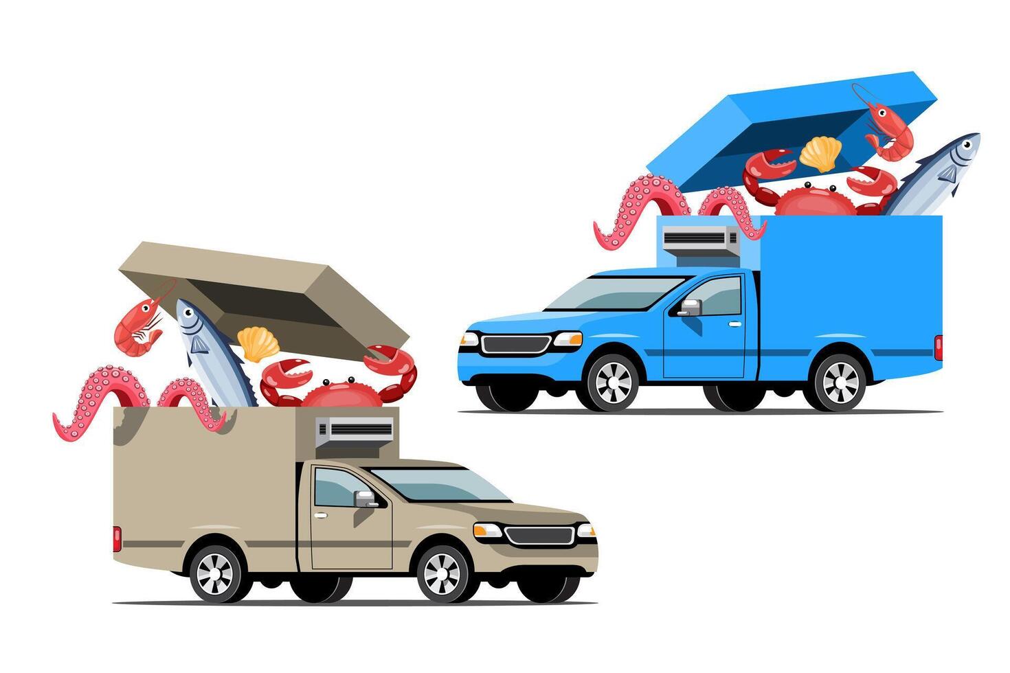 grandi icone colorate vettoriali di veicoli isolati, illustrazioni piatte di consegna in furgone tramite posizione di tracciamento gps. veicolo di consegna, consegna di pesce e cibo, consegna immediata, consegna online.