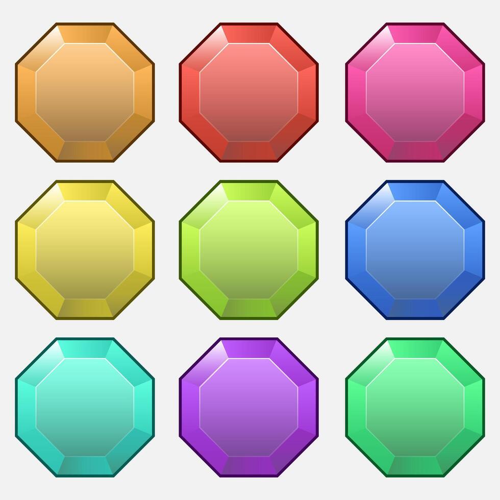 set di icone per elementi di gioco isometrici, illustrazione vettoriale isolata colorata di gemme ottagonali per un concetto astratto di gioco piatto