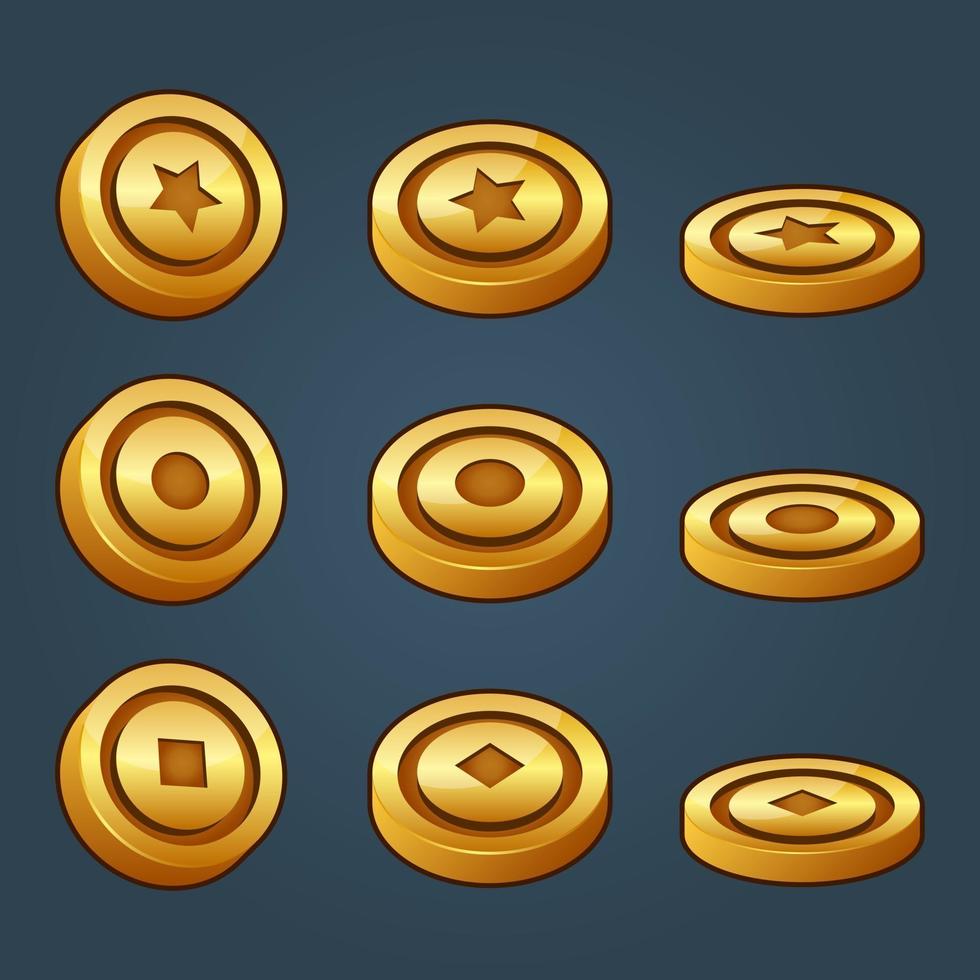 set di icone per elementi di gioco isometrici, illustrazione vettoriale isolata colorata di tre monete d'oro con vista per un concetto astratto di gioco piatto