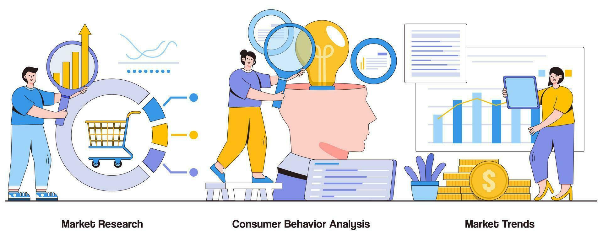 mercato ricerca, consumatore comportamento analisi, mercato tendenze concetto con carattere. mercato intuizioni astratto vettore illustrazione impostare. cliente preferenze, mercato opportunità metafora