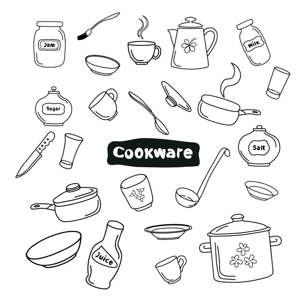 schizzo Immagine di cucina stoviglie. scarabocchi di piatti, utensili, pentole, posate vettore