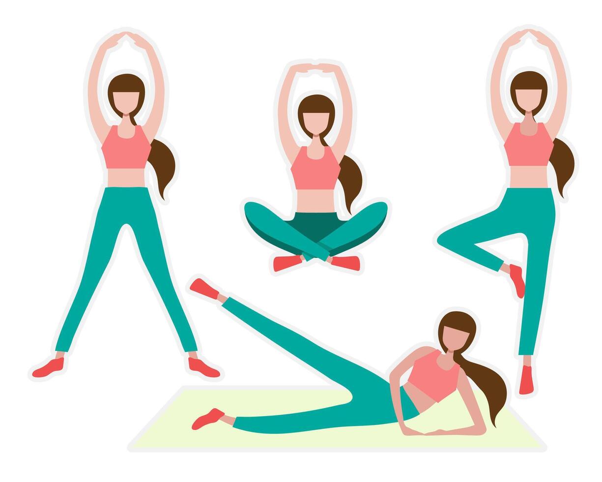 grande stile cartone animato isolato felice giovani uomini e donne che fanno attività yoga in casa laterale per rimanere in buona salute, illustrazione vettoriale piatta