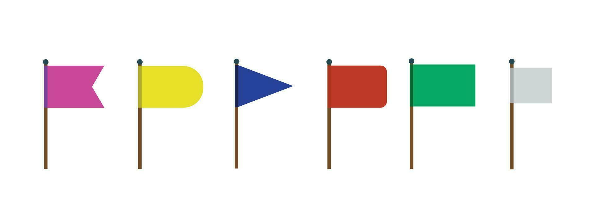 stuzzicadenti bandiere, colorato banner di diverso forme su di legno appuntito bastoni. ovale, triangolare, rettangolare e Doppio bordo gagliardetti isolato vettore