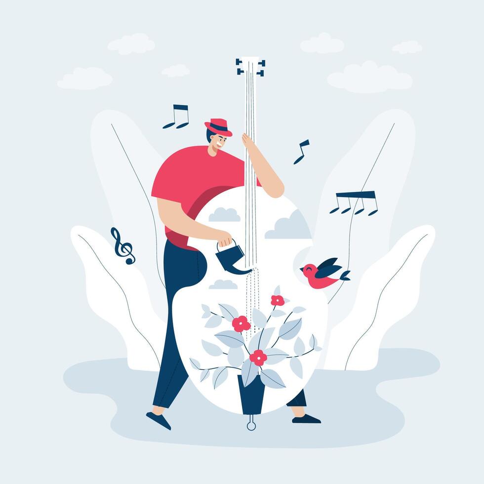 musicista che fa musica modello web, modello web schermo in stile cartone animato per telefono cellulare, pagina di destinazione, modello, interfaccia utente, web, app mobile, poster, banner, illustrazione vettoriale piatta