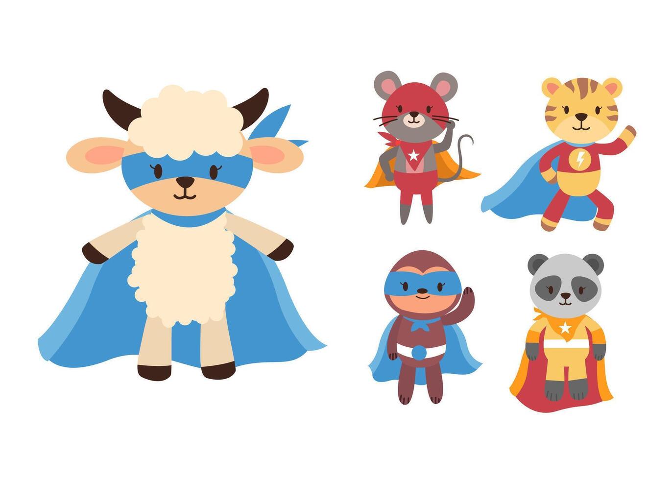fascio di simpatici animali isolati personaggi supereroi dei cartoni animati piatti vettore