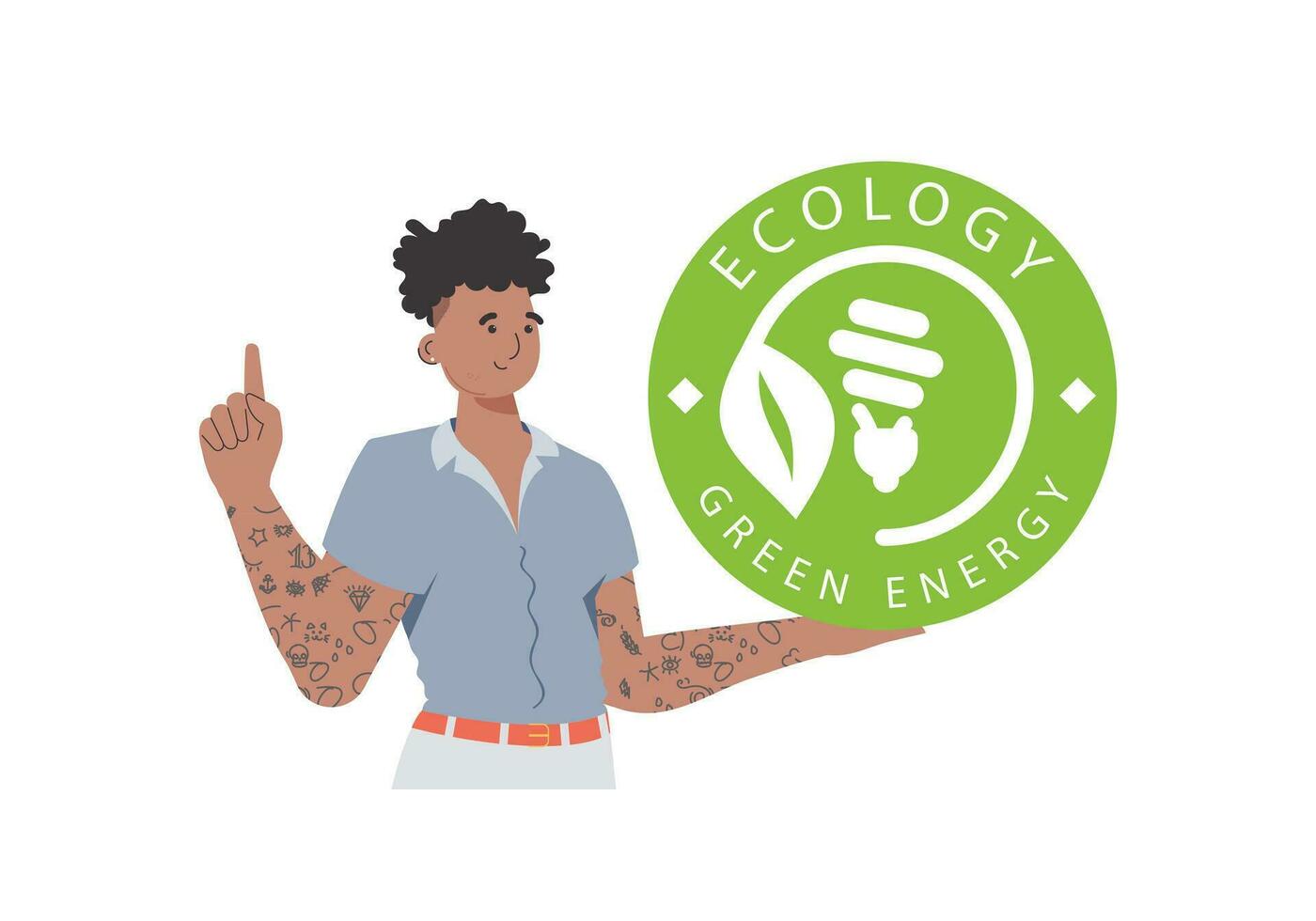 un' uomo detiene il eco logo nel il suo mani. il personaggio è raffigurato per il vita. il concetto di verde energia e ecologia. isolato su bianca sfondo. di moda stile. vettore illustrazione.