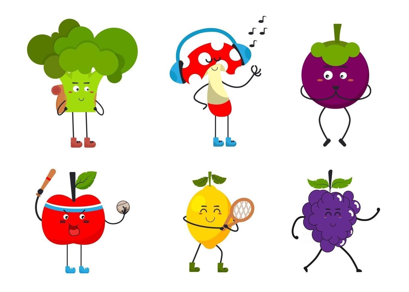set di frutta e verdura in personaggi dei cartoni animati vettore piatto