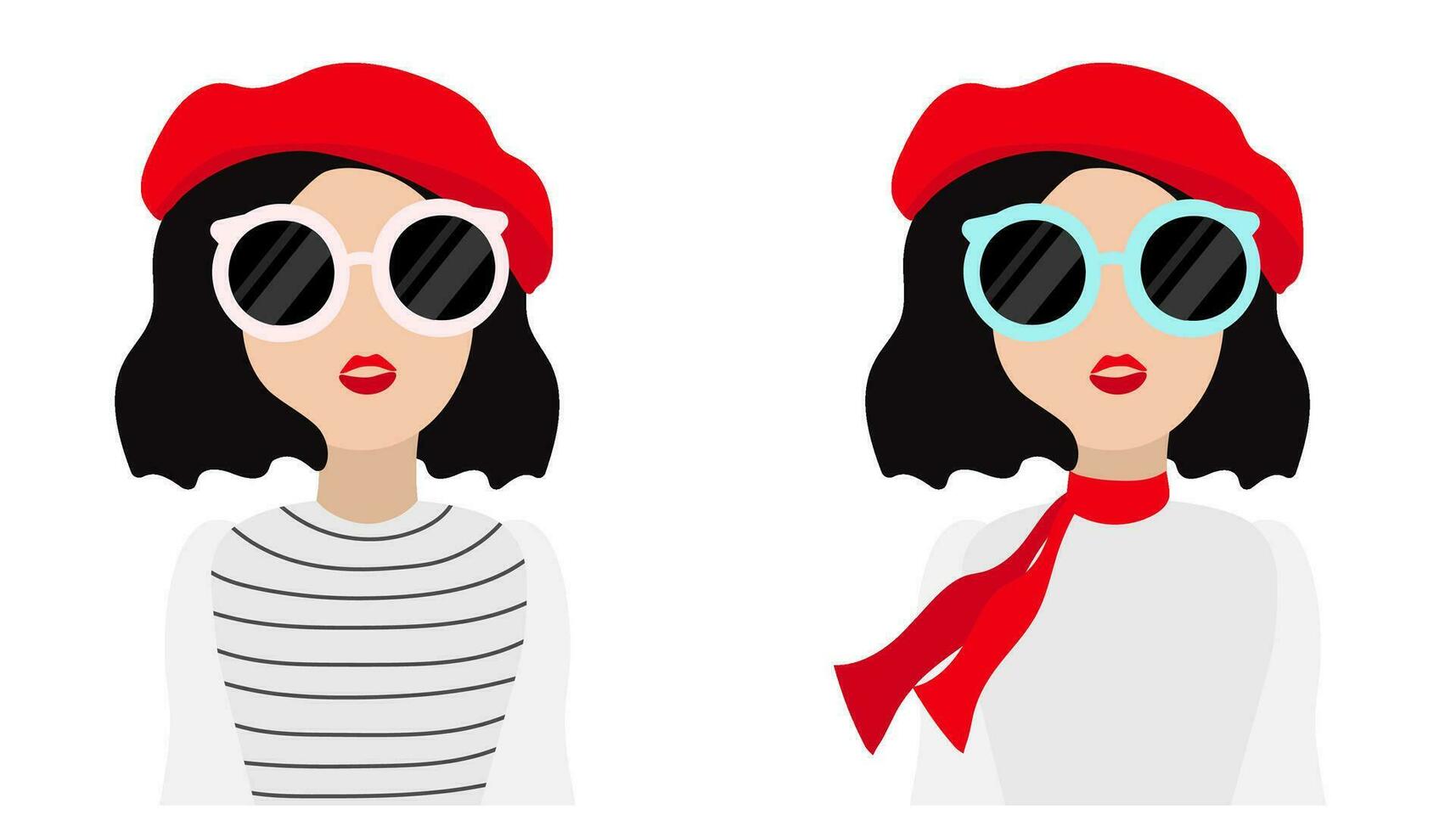 francese. piatto illustrazione di un' ragazza. illustrazione di un' giovane francese donna indossare un' rosso berretto e bicchieri vettore